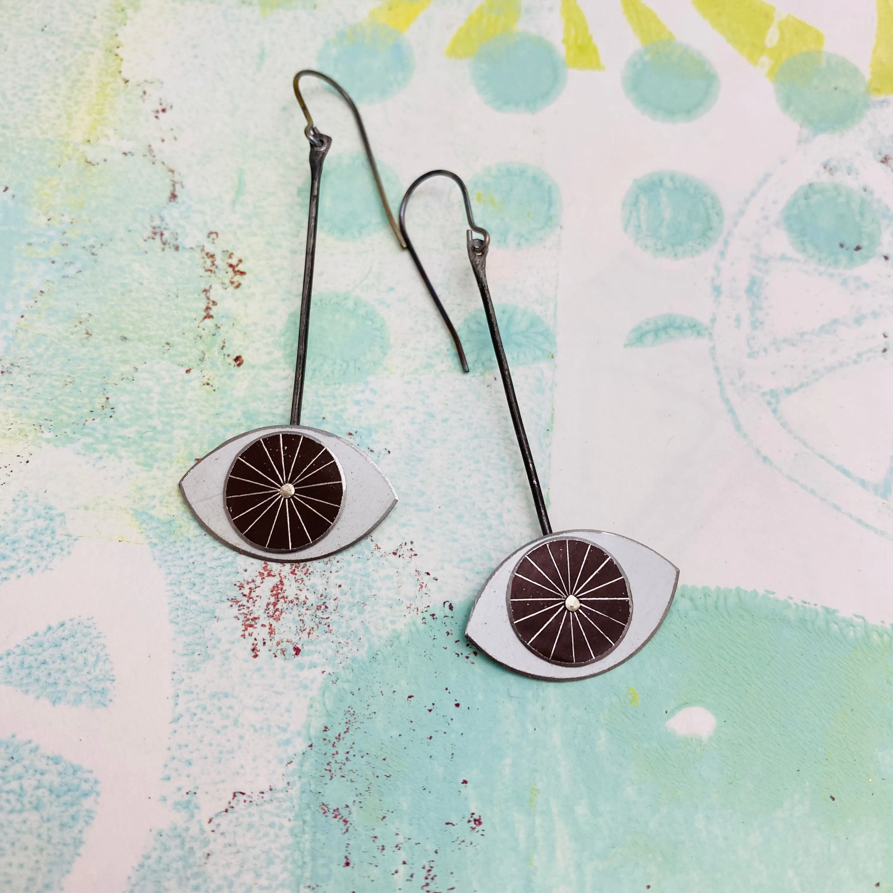 RESERVED Protective Brown Eyes Upcycled Tin Earrings