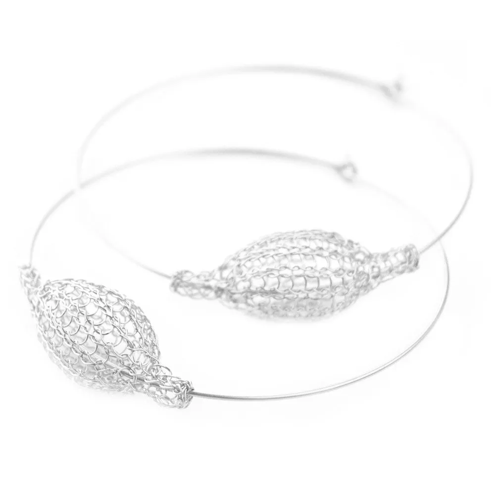 Silver Jumbo Hoop Earrings , Wire Crochet Bubble Pod