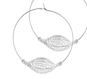 Silver Jumbo Hoop Earrings , Wire Crochet Bubble Pod