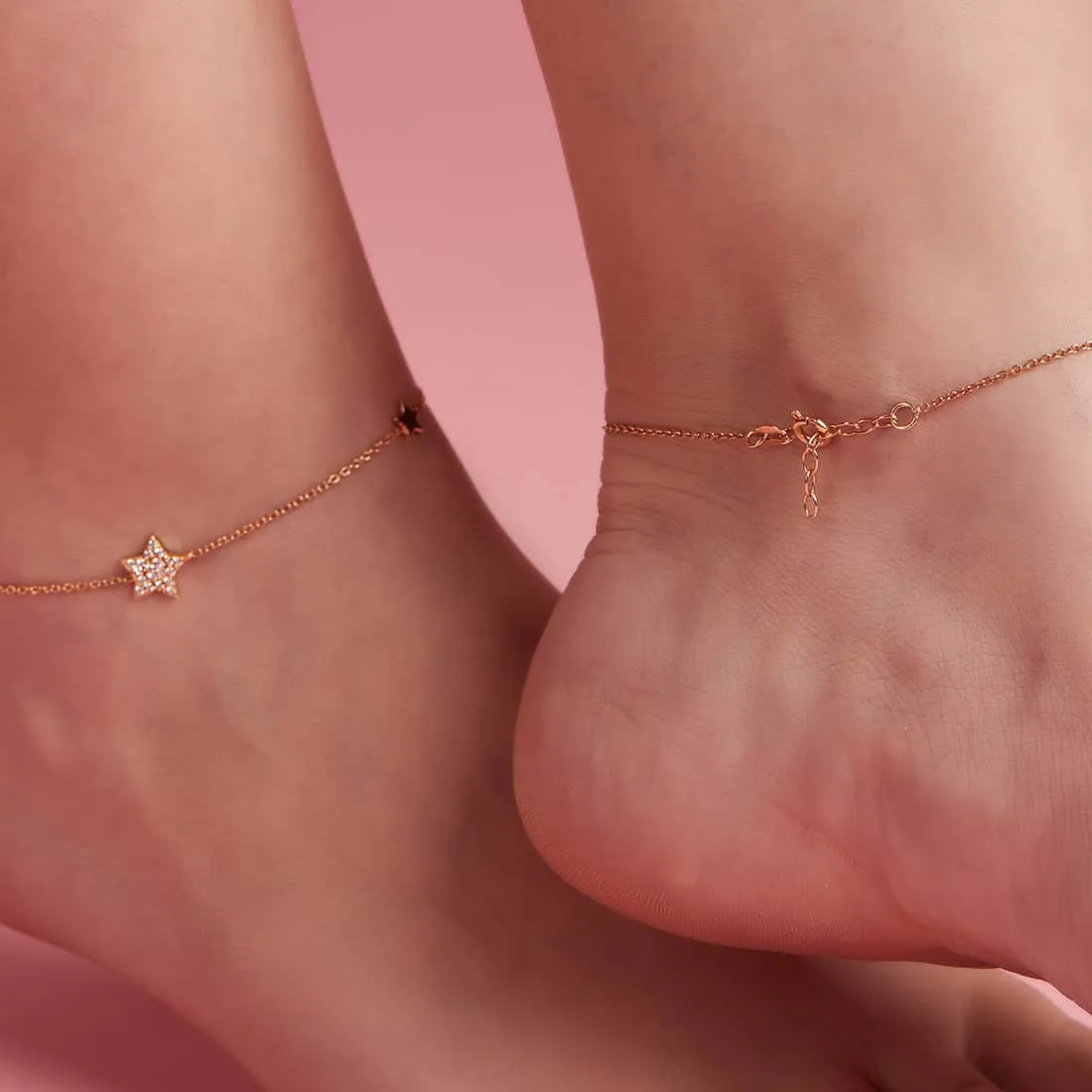 Star Rose Gold Plated CZ 925 Sterling Silver Anklet
