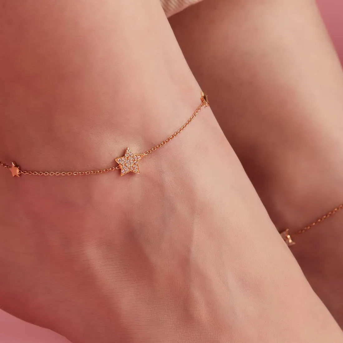 Star Rose Gold Plated CZ 925 Sterling Silver Anklet