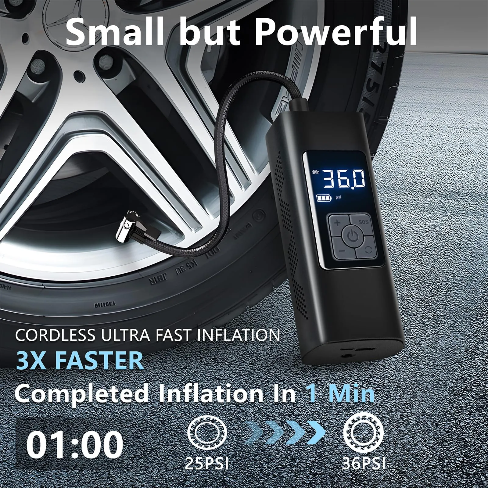 Tire Inflator Portable Air Compressor, 6000mAh & 12v Portable Air Pump Accurate Pressure LCD Display, Car tire air Pump 3X Fast Inflation Air Compressor for Car,Motorcycle etc