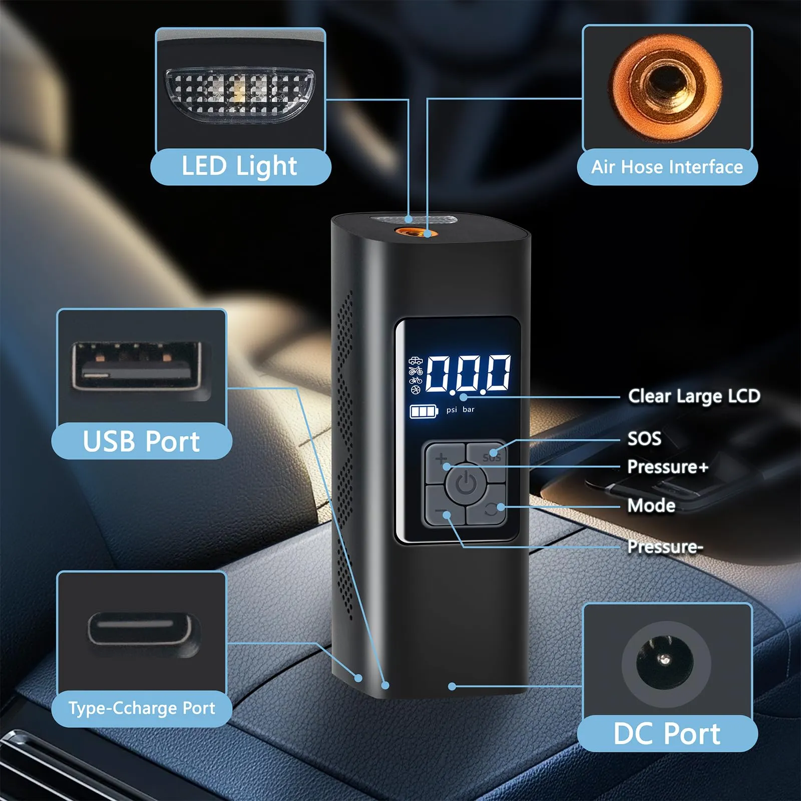 Tire Inflator Portable Air Compressor, 6000mAh & 12v Portable Air Pump Accurate Pressure LCD Display, Car tire air Pump 3X Fast Inflation Air Compressor for Car,Motorcycle etc