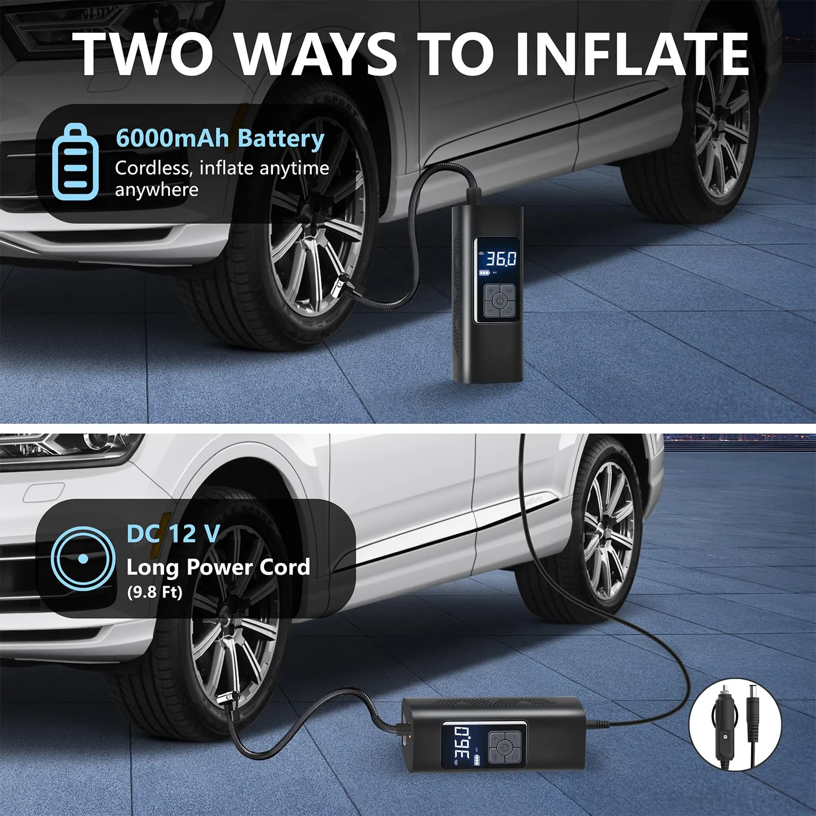 Tire Inflator Portable Air Compressor, 6000mAh & 12v Portable Air Pump Accurate Pressure LCD Display, Car tire air Pump 3X Fast Inflation Air Compressor for Car,Motorcycle etc