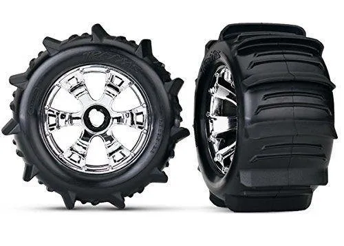 Traxxas 5672 Tires & wheels assembled glued (Geode chrome wheels paddle tires foam inserts) (2) (use with 17mm splined wheel hubs & nuts part # 5353X) (TSM rated)
