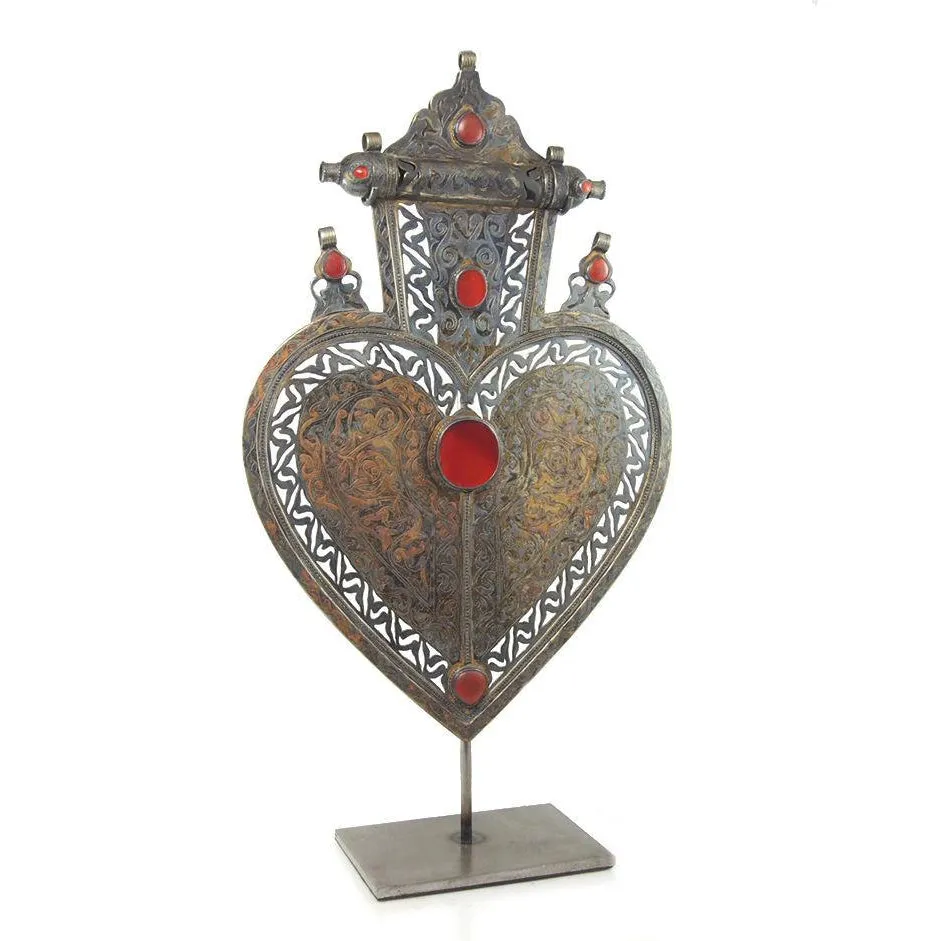 Turkmen Asyk Cordiform Heart Shape Antique Pendant with Dagdan Protective Birds-02