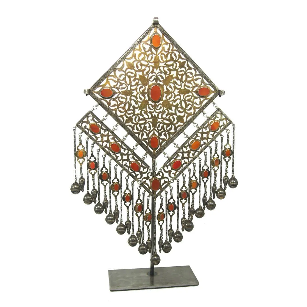 Turkmen Diamond Shape Antique Pendant with Bell Tassels-16