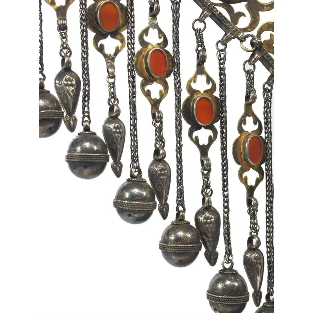 Turkmen Diamond Shape Antique Pendant with Bell Tassels-16