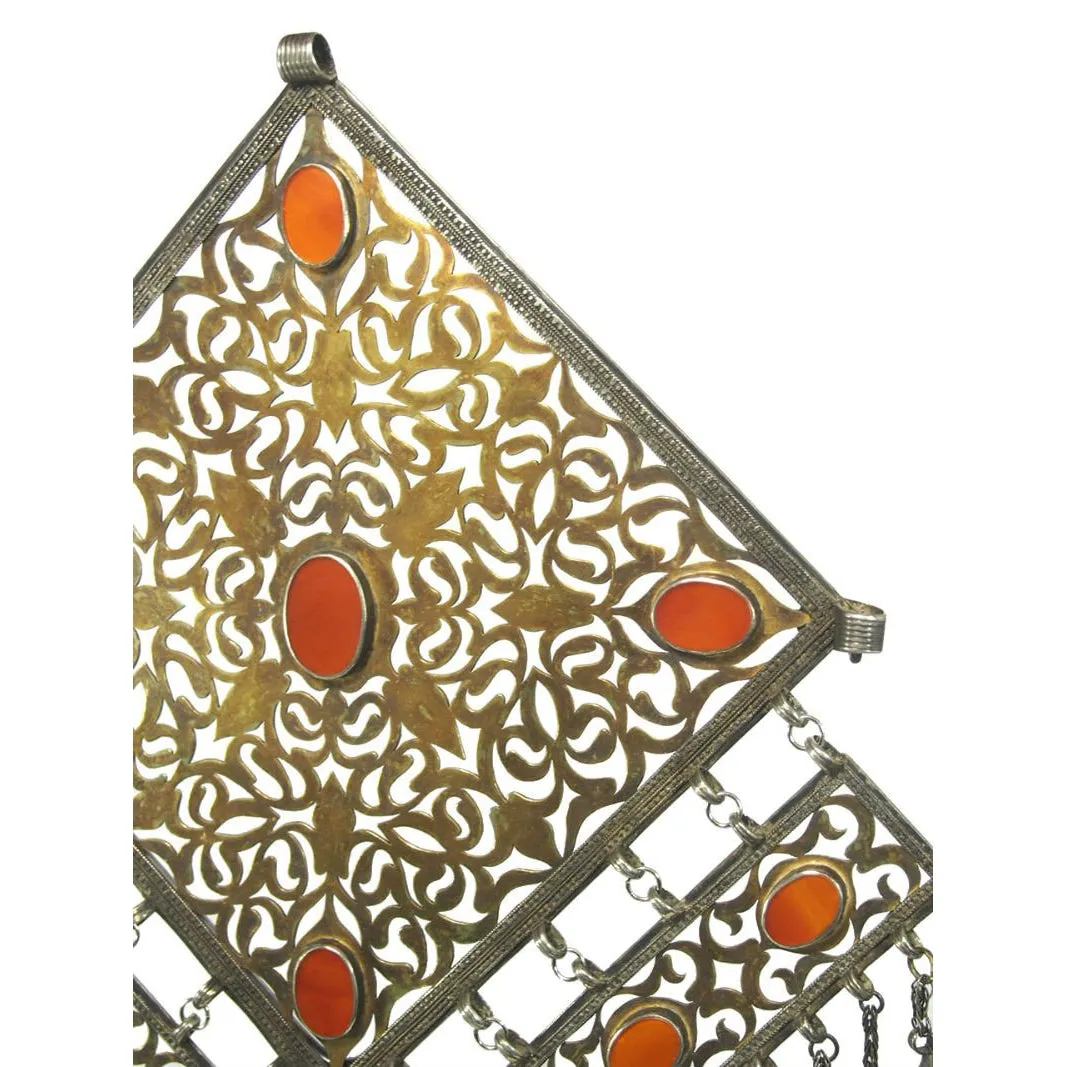 Turkmen Diamond Shape Antique Pendant with Bell Tassels-16
