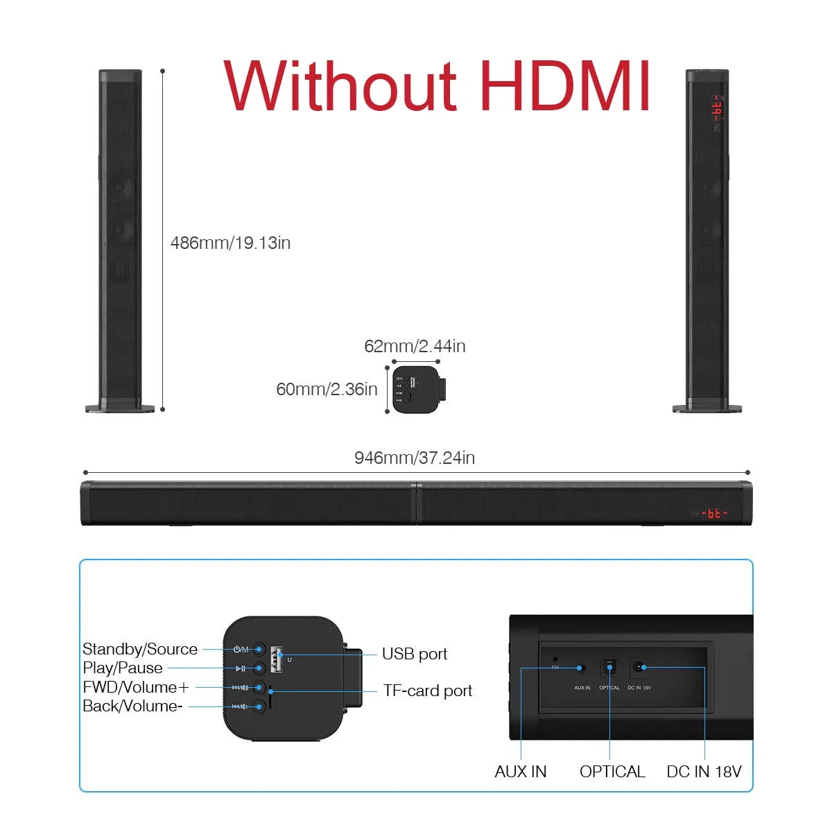 Ultra Slim 37 Inch 60W Bluetooth TV Soundbar