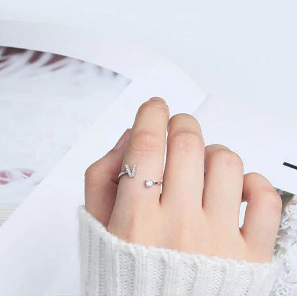 US Charm Initial Letter Ring Alphabet A-Z Gold Silver Adjustable Open Bands Ring