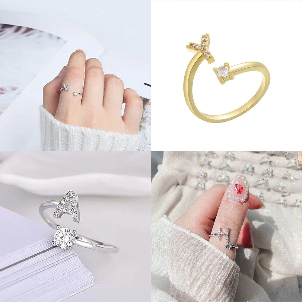 US Charm Initial Letter Ring Alphabet A-Z Gold Silver Adjustable Open Bands Ring