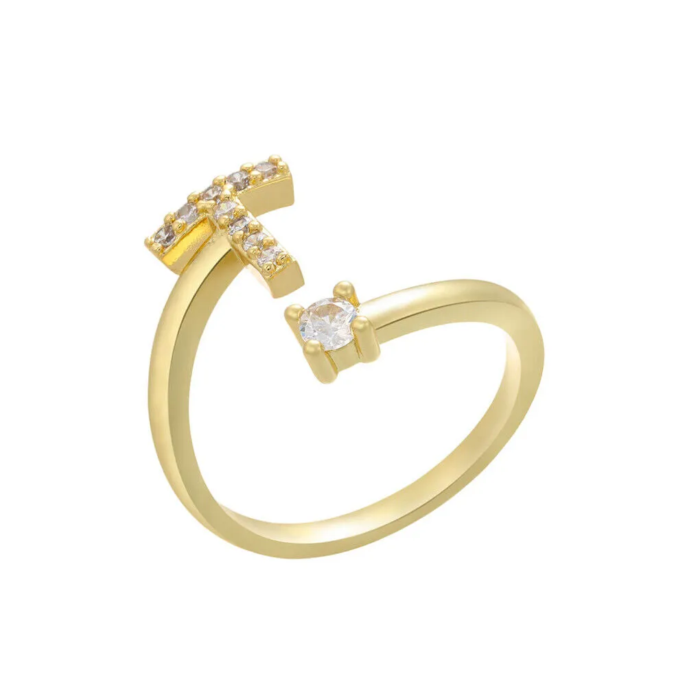 US Charm Initial Letter Ring Alphabet A-Z Gold Silver Adjustable Open Bands Ring