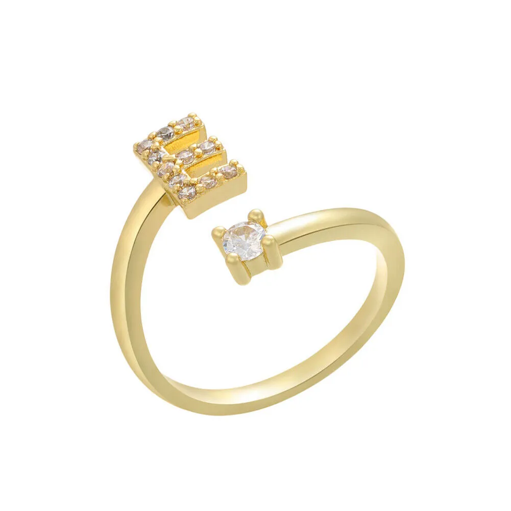 US Charm Initial Letter Ring Alphabet A-Z Gold Silver Adjustable Open Bands Ring