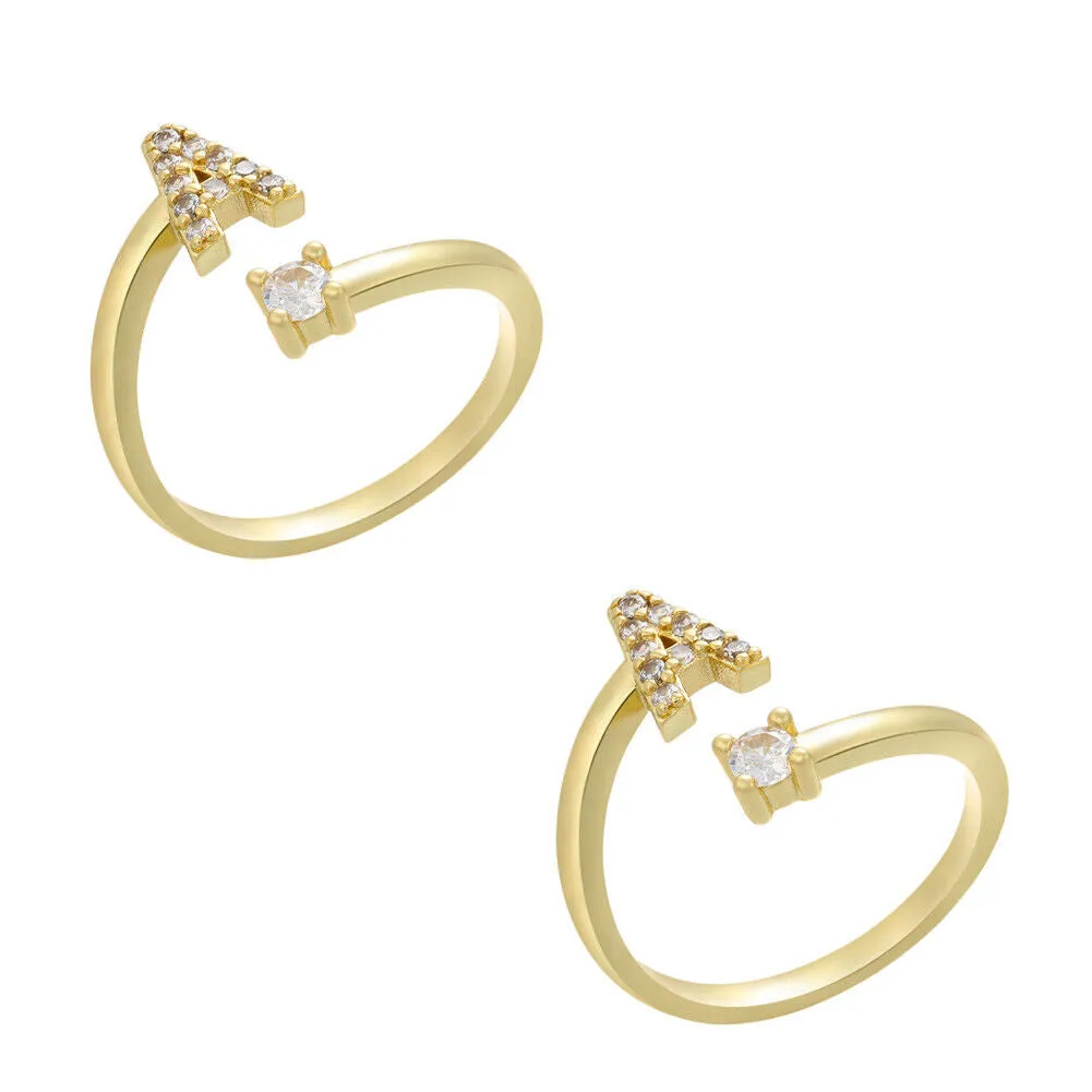 US Charm Initial Letter Ring Alphabet A-Z Gold Silver Adjustable Open Bands Ring