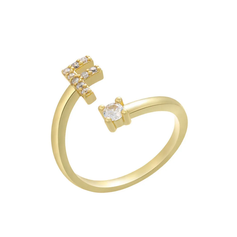 US Charm Initial Letter Ring Alphabet A-Z Gold Silver Adjustable Open Bands Ring
