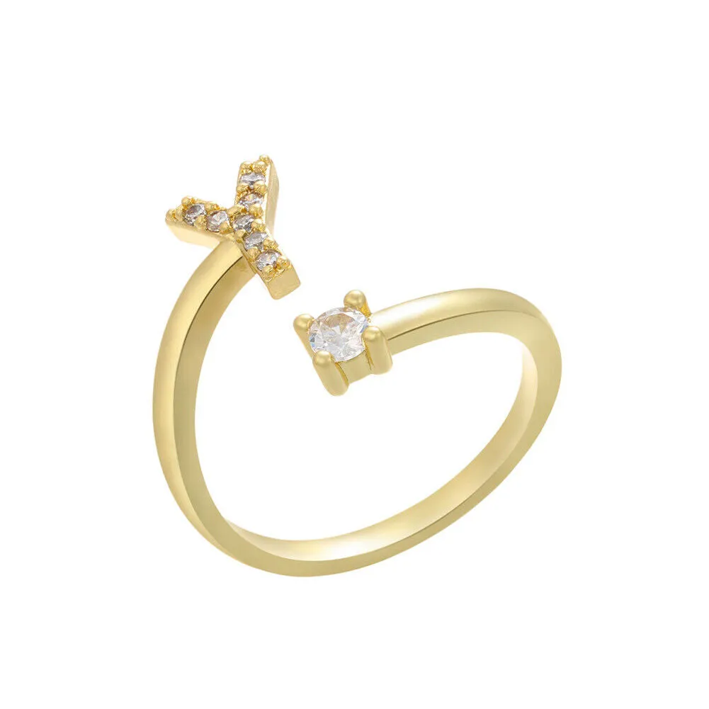 US Charm Initial Letter Ring Alphabet A-Z Gold Silver Adjustable Open Bands Ring
