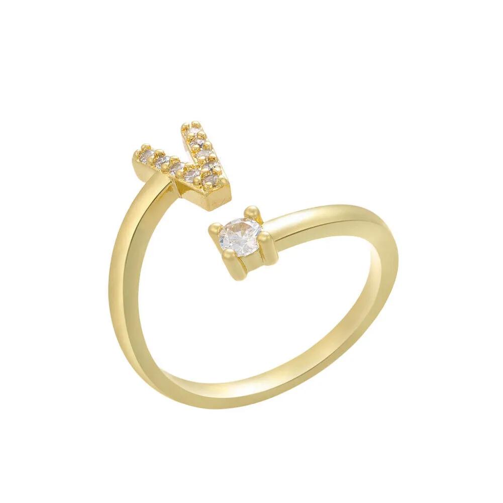 US Charm Initial Letter Ring Alphabet A-Z Gold Silver Adjustable Open Bands Ring