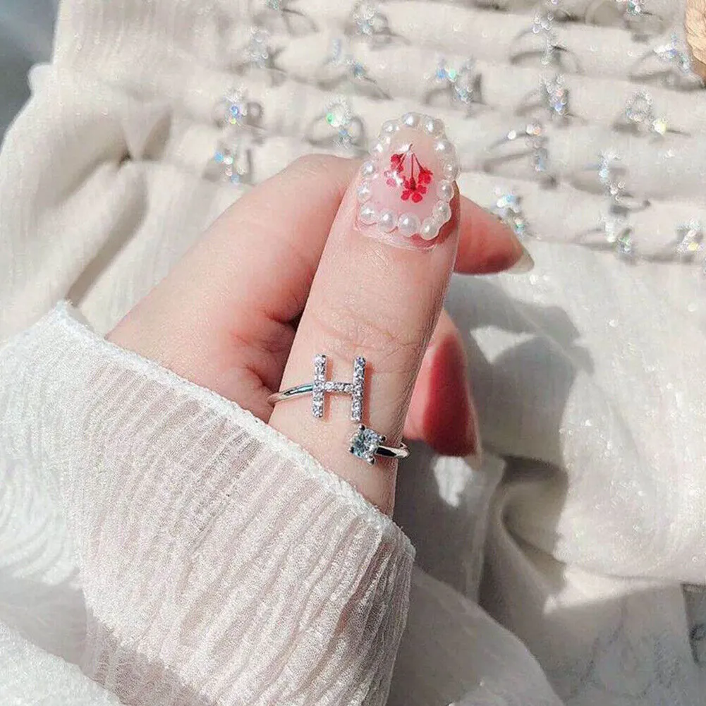 US Charm Initial Letter Ring Alphabet A-Z Gold Silver Adjustable Open Bands Ring