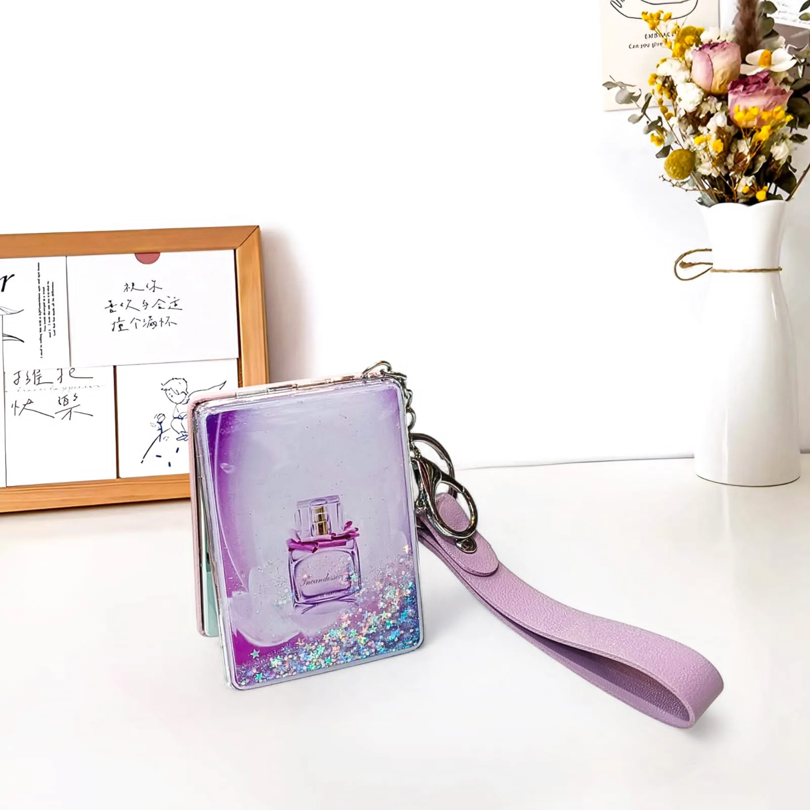 Water Glitter Filled Portable Folding Pocket Mirrors Keychain