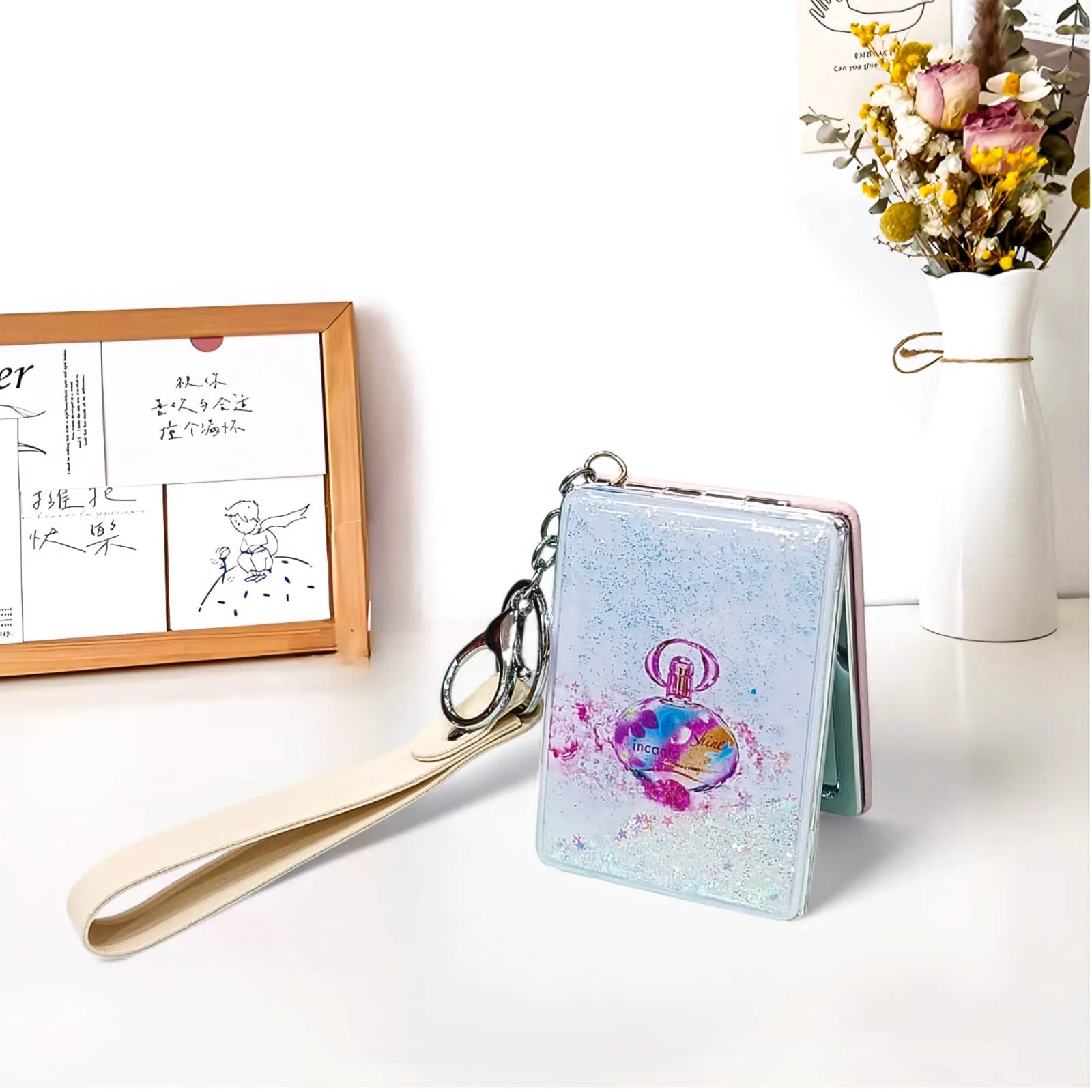 Water Glitter Filled Portable Folding Pocket Mirrors Keychain