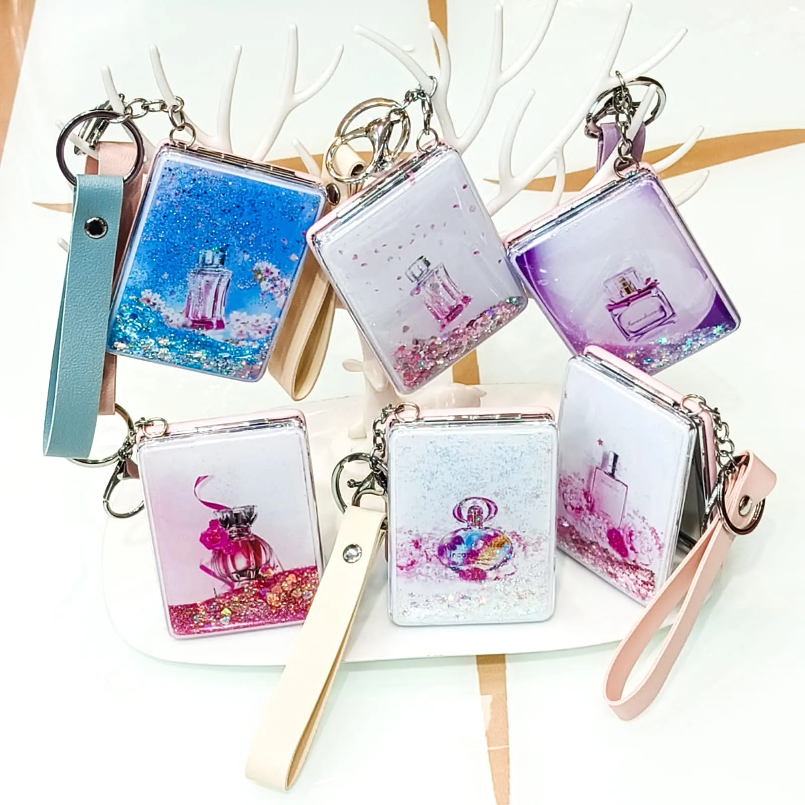 Water Glitter Filled Portable Folding Pocket Mirrors Keychain