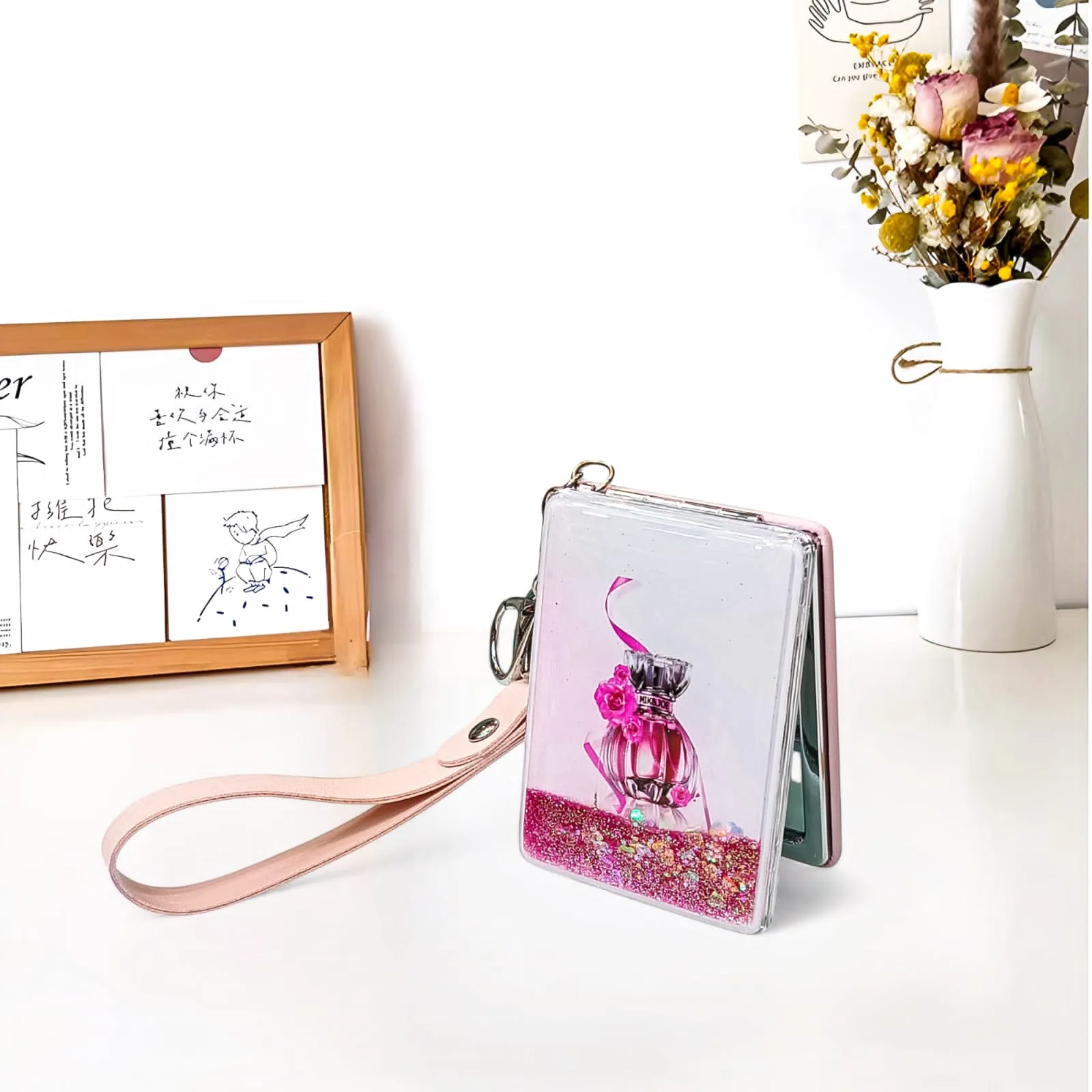Water Glitter Filled Portable Folding Pocket Mirrors Keychain