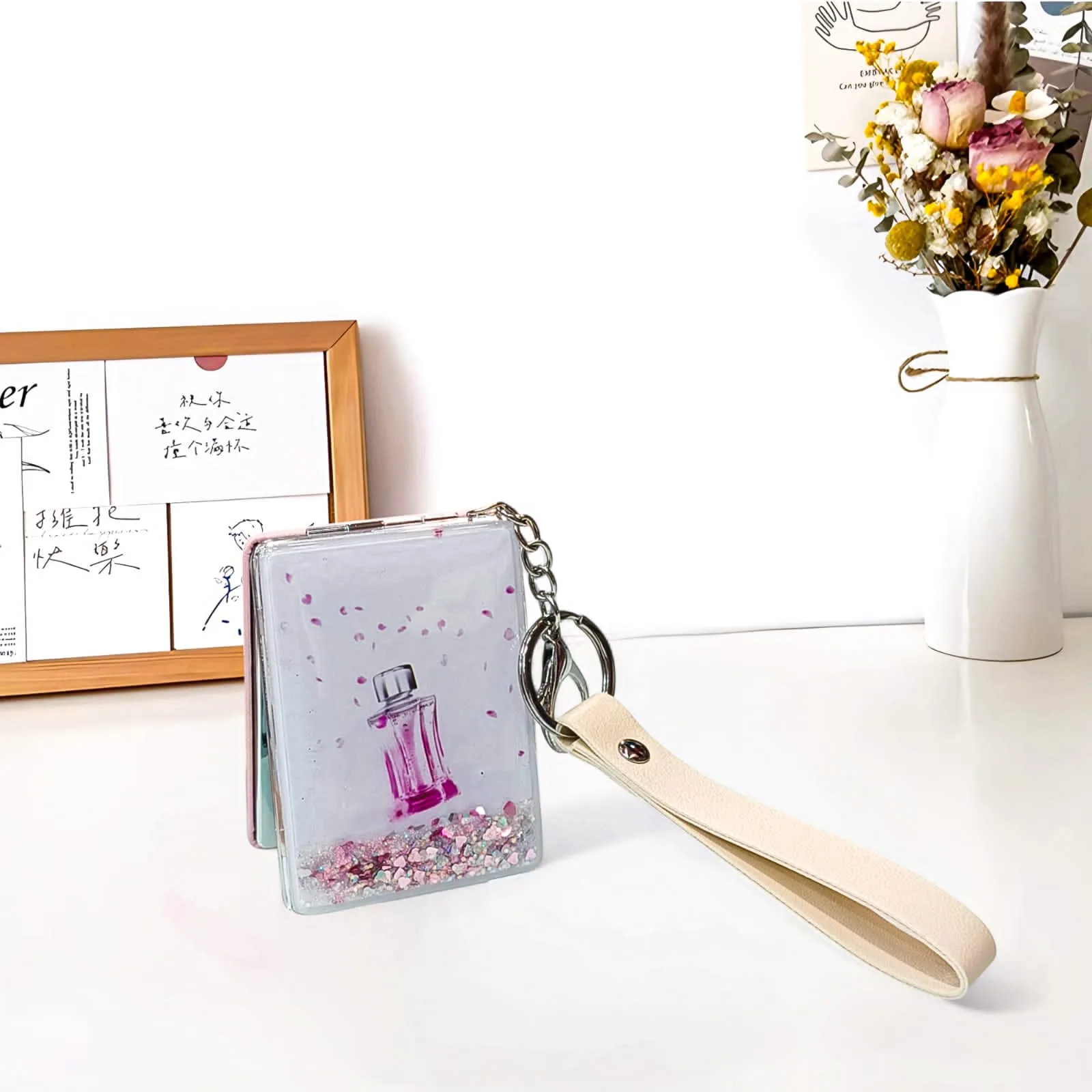 Water Glitter Filled Portable Folding Pocket Mirrors Keychain