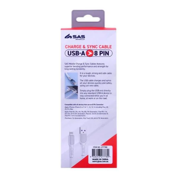 White Charge & Sync USB A To 8 Pin PVC Cable - 200cm