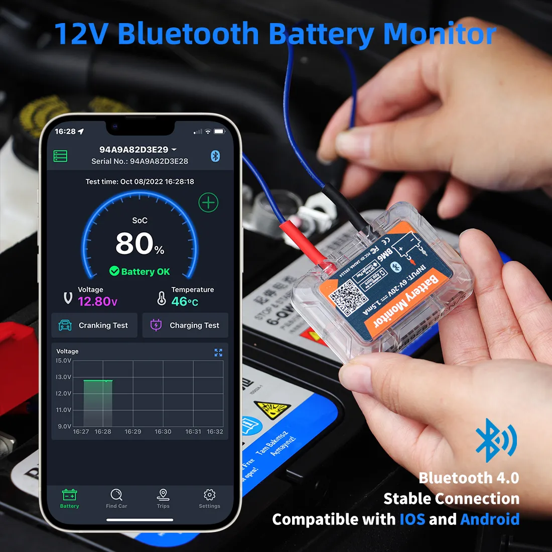 Wireless Bluetooth 4.0 Car battery tester iOS and Android mobile